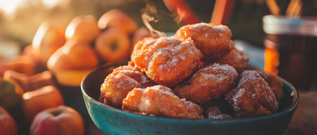 Delicious glazed apple fritters with cinnamon sugar, perfect for an autumn treatの素材