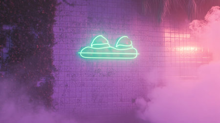 Urban night glow: green neon adorns purple tiled wall amidst fogの素材