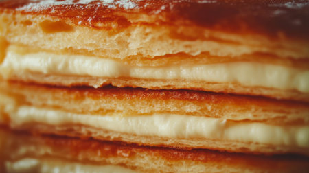 Exquisite close-up of mille feuille layers with cream fillingの素材