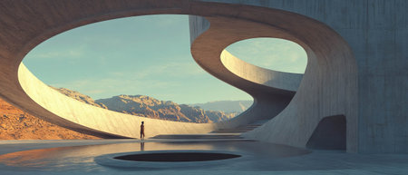 Organic architecture featuring circular shapes and flowing lines in a natural landscapeの素材