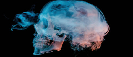 Smoke forms a ghostly human shape creating an ethereal atmosphere in dark surroundingsの素材