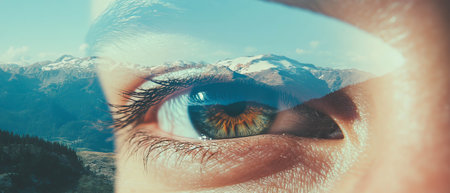 Close-up of an eye revealing a mountainous landscape in a stunning double exposure technique