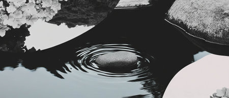 Minimalist collage featuring stone creating ripples in still lake surrounded by floral elementsの素材