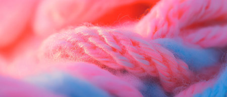 Soft pink and blue knitted wool threads interwoven for cozy crafting projectsの素材