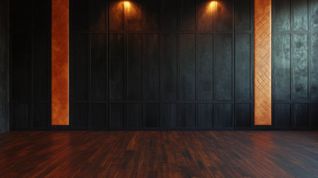 Elegant hardwood wall with leather inserts and warm lighting design for interiorsの素材
