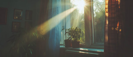 Sun rays streaming through window create a cozy atmosphere in a warm roomの素材