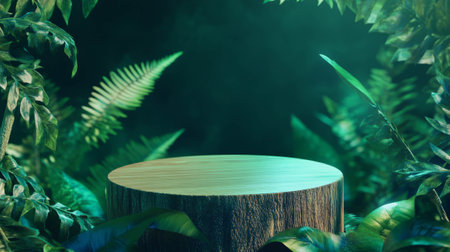 Natural jungle-themed abstract background with wooden podium for display designの素材