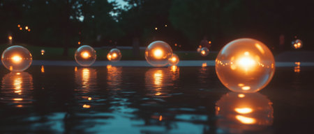 Light orbs creating circular trails in serene outdoor setting at duskの素材