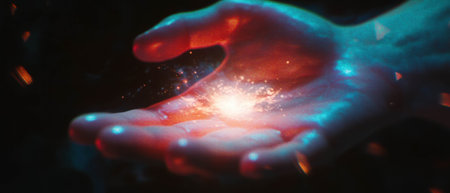 Glowing energy hand casting a mystical spell in a dark backdropの素材