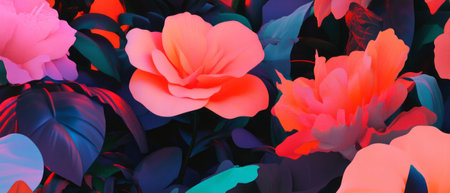 Vibrant flowers create an energetic, modern art background with bold colors and striking huesの素材