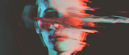 Distorted human face with glitch effect showcasing digital error aestheticsの素材