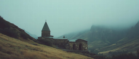 Armenian mountains reveal historic monasteries amidst misty landscapes and ancient churchesの素材