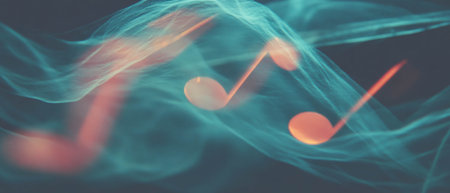 Dynamic interplay of musical notes and flowing fabric in artistic double exposureの素材