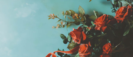 Beautiful flat lay of red roses with velvet ribbon on a soft blue backgroundの素材