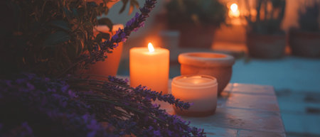 Lavender sprigs and candles create a calming spa environment for relaxationの素材