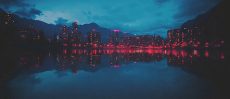 Nighttime cityscape blending urban lights with the vibrant beauty of the aurora borealisの素材