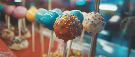 Colorful cake pops with various coatings and sprinkles displayed in a festive settingの素材