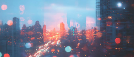 Night cityscape blended with aurora borealis creates stunning double exposure effectの素材