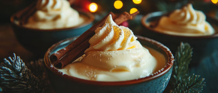 Creamy vanilla pudding served with whipped cream and a hint of spice for dessert delightの素材