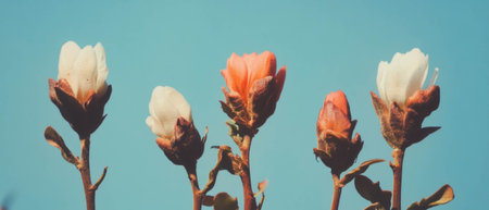 Stylized flower buds against a clear blue sky create a serene and elegant atmosphereの素材