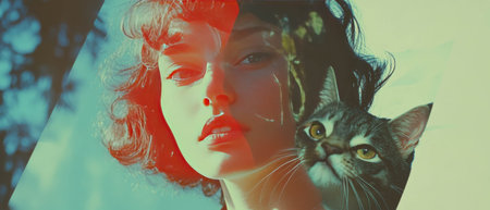 Funny collage featuring a woman with a playful cat head showcasing elegance and humorの素材