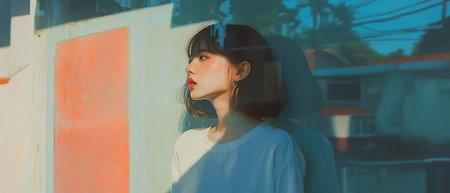 Woman reflecting in a colorful urban setting during golden hour with warm sunlightの素材