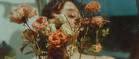 Collage of rustic shoulders and preserved autumn flowers for a textured aestheticの素材