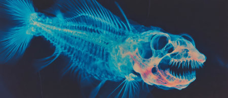 X-ray revealing intricate fish bones and sharp spines showcasing underwater adaptationの素材