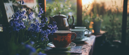 Whimsical bluebells and delicate teacups create a charming spring flat lay settingの素材