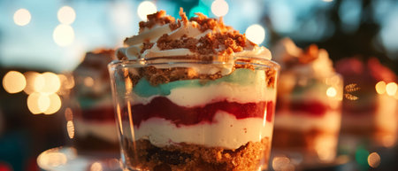 Colorful layered dessert showcases trifles with festive toppings at sunset gatheringの素材