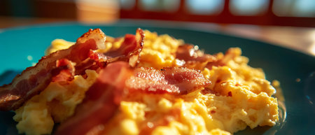 Fluffy scrambled eggs with crispy bacon bits making a delicious breakfast delightの素材
