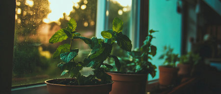 Mint plants thriving on a cozy windowsill in a sunlit indoor settingの素材