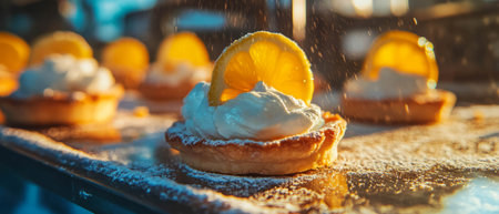 Delightful lemon tarts with creamy topping and vibrant citrus slices presented beautifullyの素材