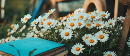 Fresh white daisies and colorful notebooks create a vibrant flat lay arrangementの素材
