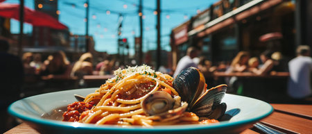 Linguine pasta with clam sauce served at a sunny outdoor seafood restaurantの素材
