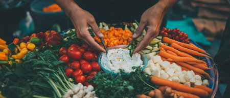 Fresh vegetable platter with colorful dips for a healthy party snack ideaの素材