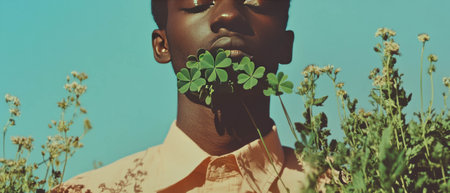 Collage of nature featuring a figure with clover in a green settingの素材