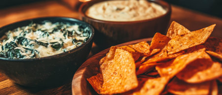 Spinach and artichoke dip served warm with crispy tortilla chips for a delightful snackの素材