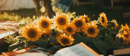 Bright sunflowers and open books create a cheerful summer flat lay for relaxationの素材