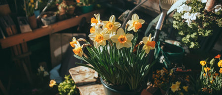 Yellow daffodils and gardening tools create a vibrant spring gardening atmosphereの素材