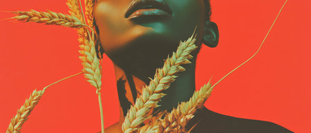 Ripe wheat stalks and a graceful neck merge in a vibrant artistic collageの素材