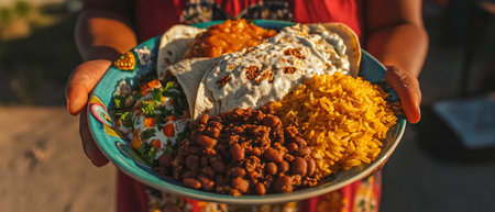 Delicious burritos served with rice and beans in a vibrant outdoor settingの素材