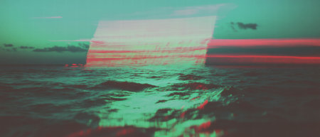 Vibrant green glitch static noise overlaid on tranquil water and sky at sunsetの素材