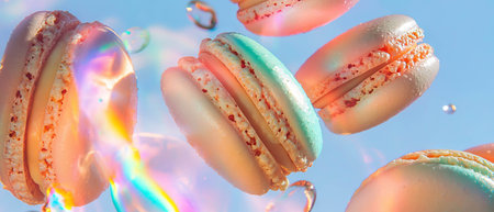 Colorful macarons floating in a playful arrangement with rainbow reflectionsの素材