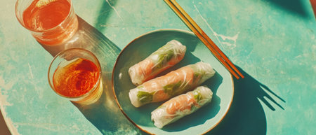 Delicious spring rolls served with dipping sauce on a vibrant tabletopの素材