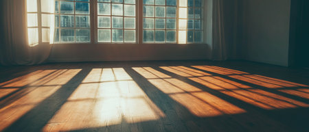 Empty room with large windows casting shadows on wooden floor in a quiet atmosphereの素材