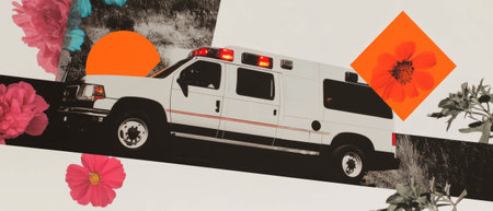 Collage of geometric shapes and flowers featuring a black-and-white ambulance with lights onの素材