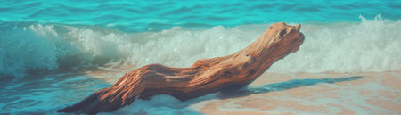 Driftwood resting on white sand near gentle ocean waves in bright sunlightの素材