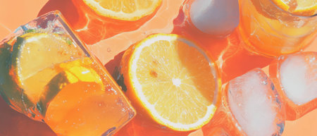 Bubbly lemonade pattern with ice and fresh citrus fruits for summer refreshmentの素材