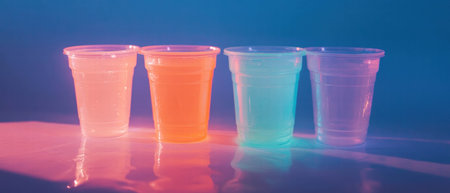 Colored plastic cups showcase subtle hue shifts under vibrant lighting effectsの素材